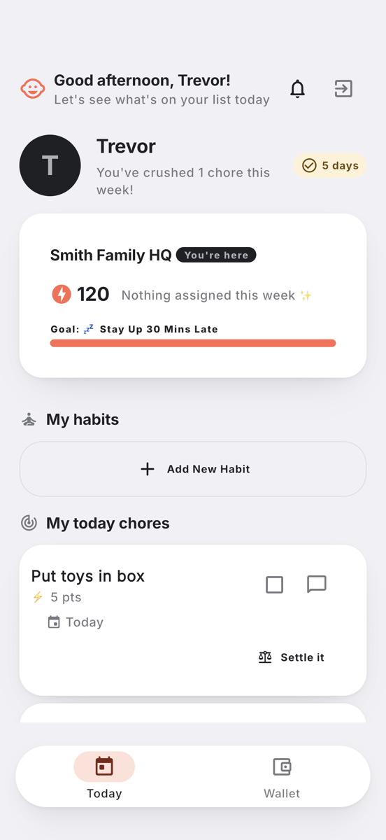 A kid's own list — streak, points, and today's chores