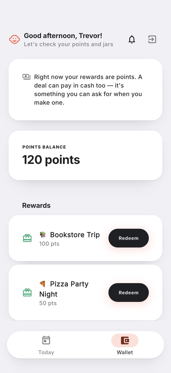 A kid's wallet — points earned, goals, and redemptions