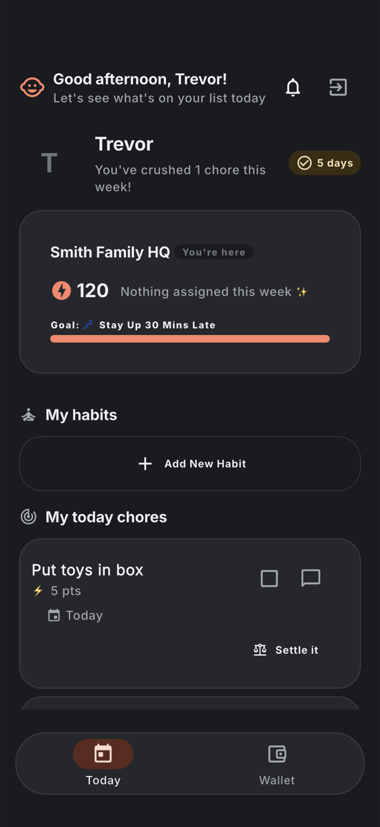Kid list in dark mode